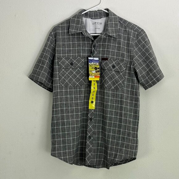 Orvis Mens Small Short Sleeve Woven Tech Shirt Grey Windowpane Check Casual New - Picture 1 of 9